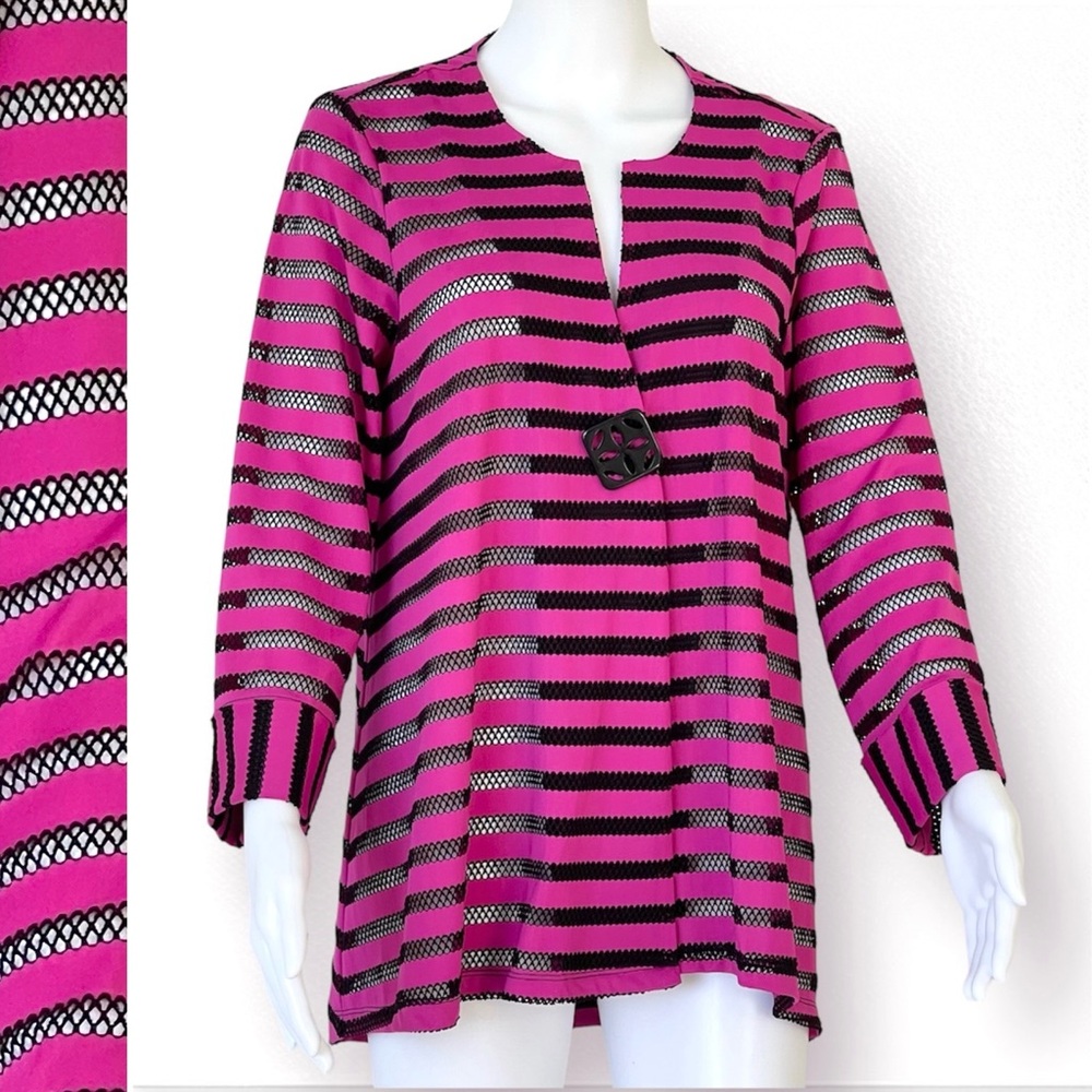 Ali Miles Cardigan Striped Mesh Sheer One Front Button 3/4 Sleeves Magenta/Black